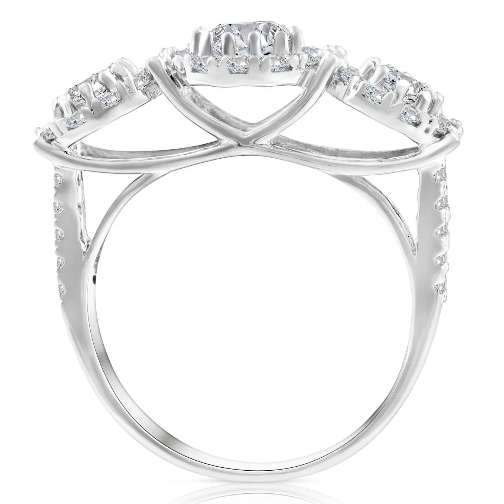 1 1/2 Ct Diamond Three Stone Halo Pave Engagement Ring White Gold