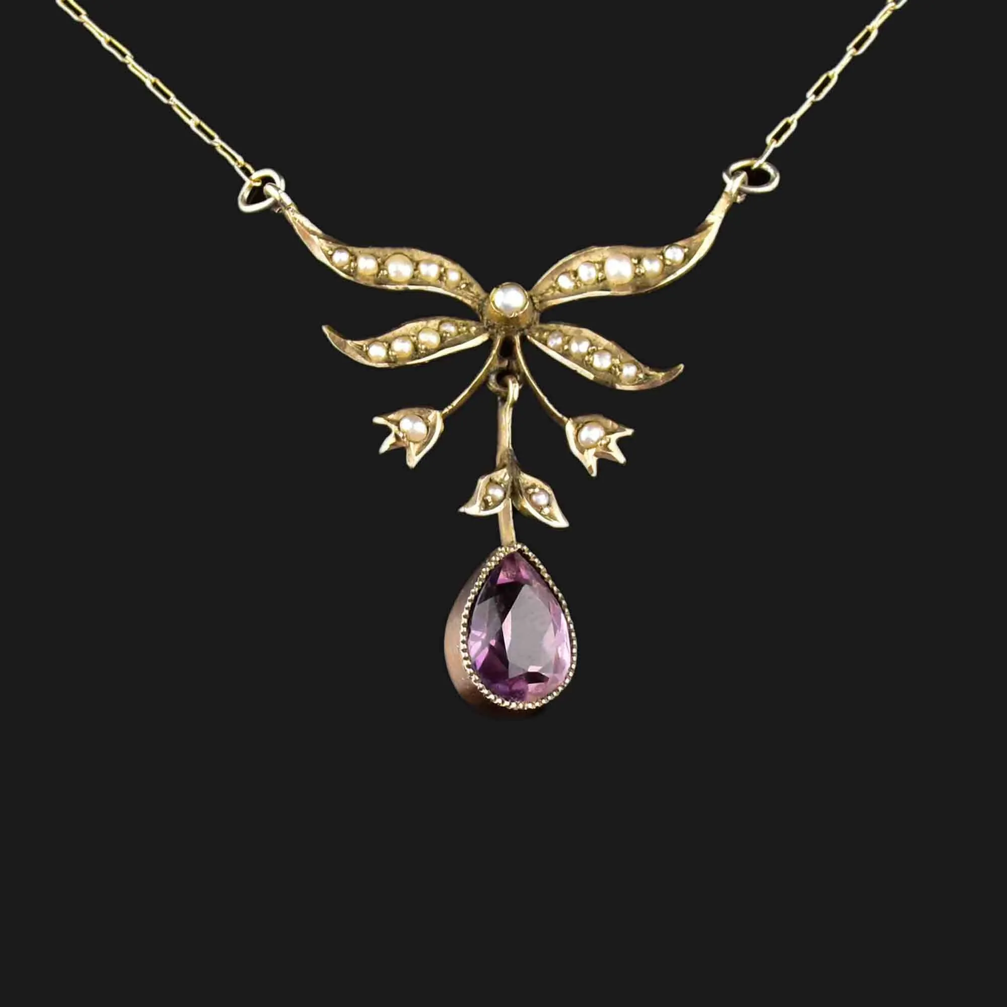 10K Gold Pearl Amethyst Lavaliere Necklace