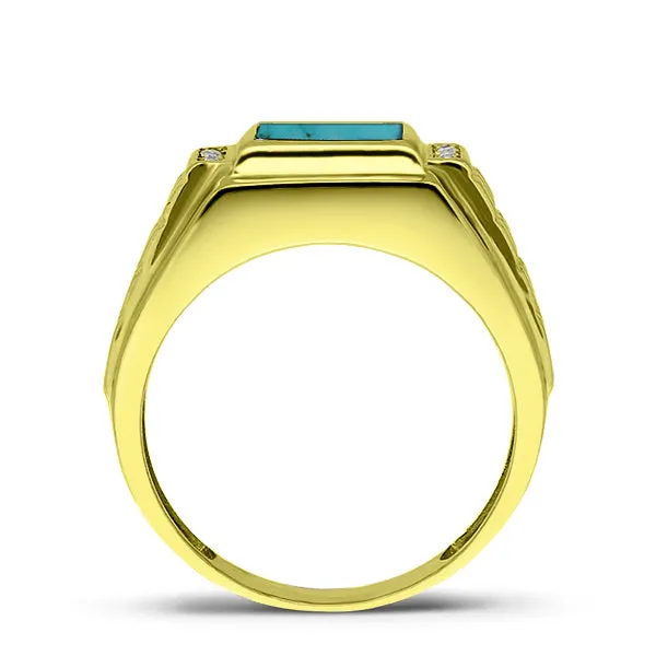 10K Yellow Gold Turquoise Men's Ring with 4 Natural Diamonds