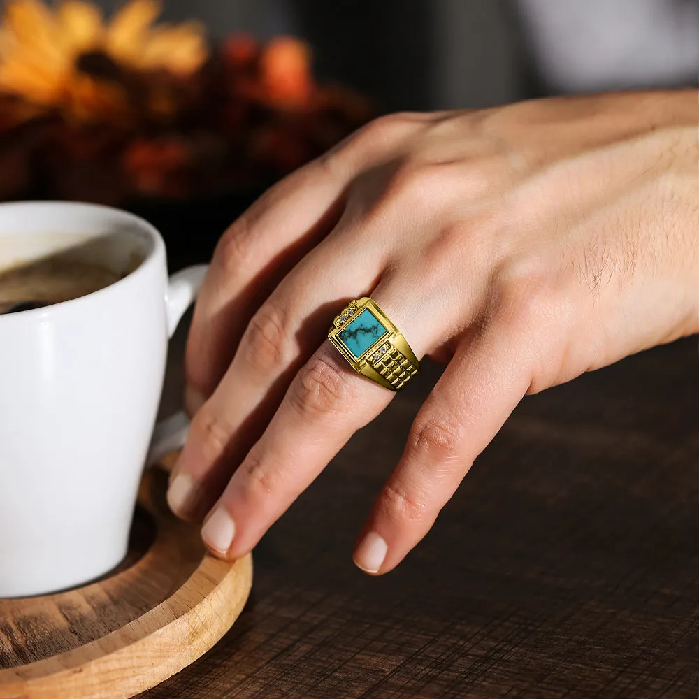 10K Yellow Gold Turquoise Men's Ring with 4 Natural Diamonds