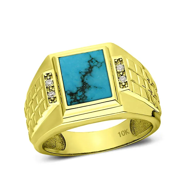 10K Yellow Gold Turquoise Men's Ring with 4 Natural Diamonds