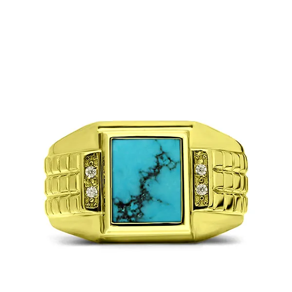 10K Yellow Gold Turquoise Men's Ring with 4 Natural Diamonds