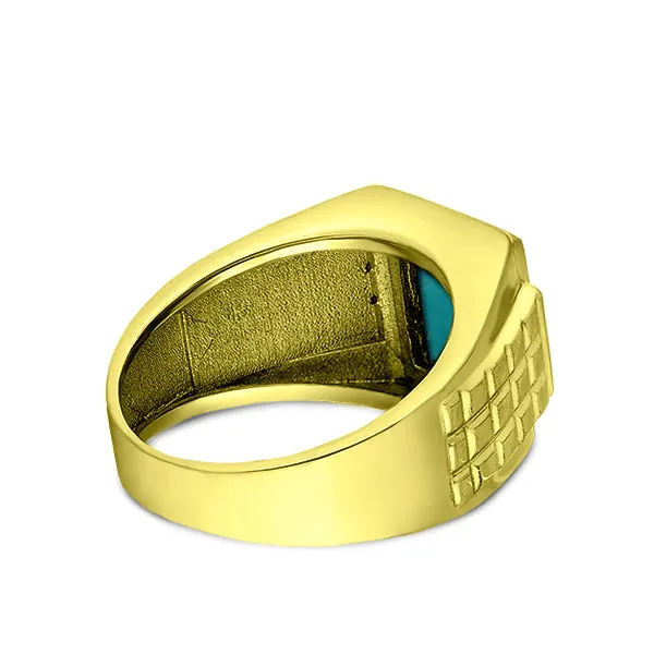 10K Yellow Gold Turquoise Men's Ring with 4 Natural Diamonds