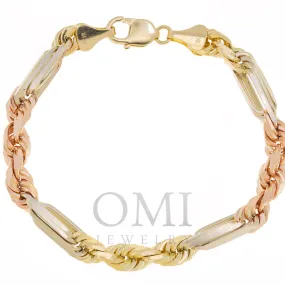 14K GOLD 7MM SOLID TRICOLOR MILANO CHAIN BRACELET