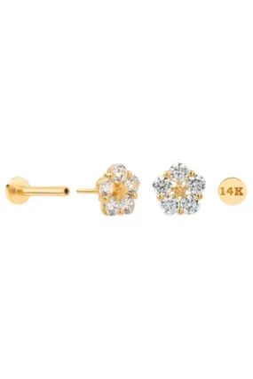 14K Real Gold CZ Snowflake Flower Forward Helix Cartilage Tragus Inner Conch Ear Stud Post Internally Threaded Earring Labret