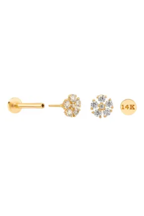 14K Real Gold CZ Snowflake Flower Forward Helix Cartilage Tragus Inner Conch Ear Stud Post Internally Threaded Earring Labret