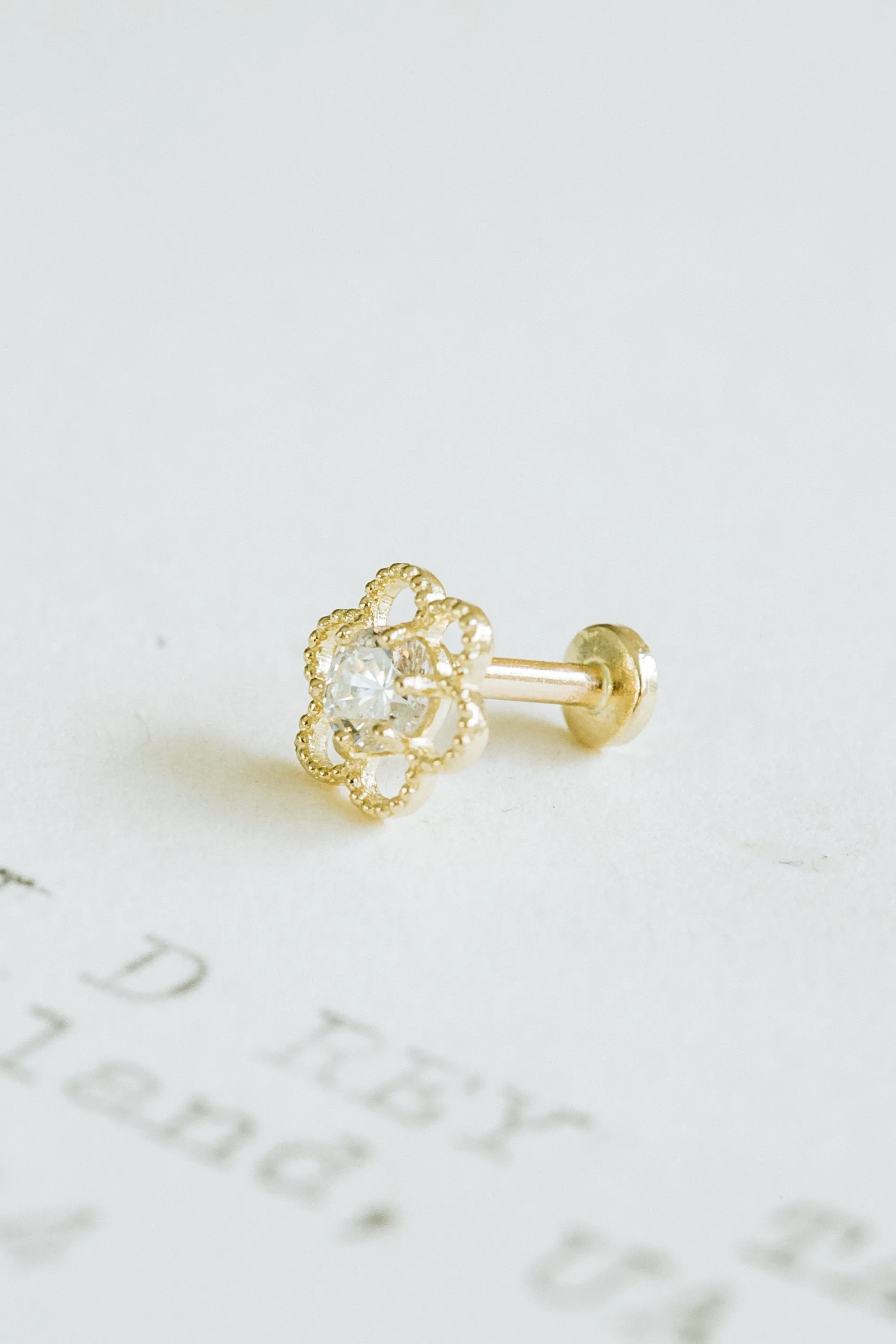 14K Real Gold Minimalist Open Flower Central Cz Forward Helix Cartilage Tragus Inner Conch Ear Stud Post Internally Threaded Earring Labret Jewelry