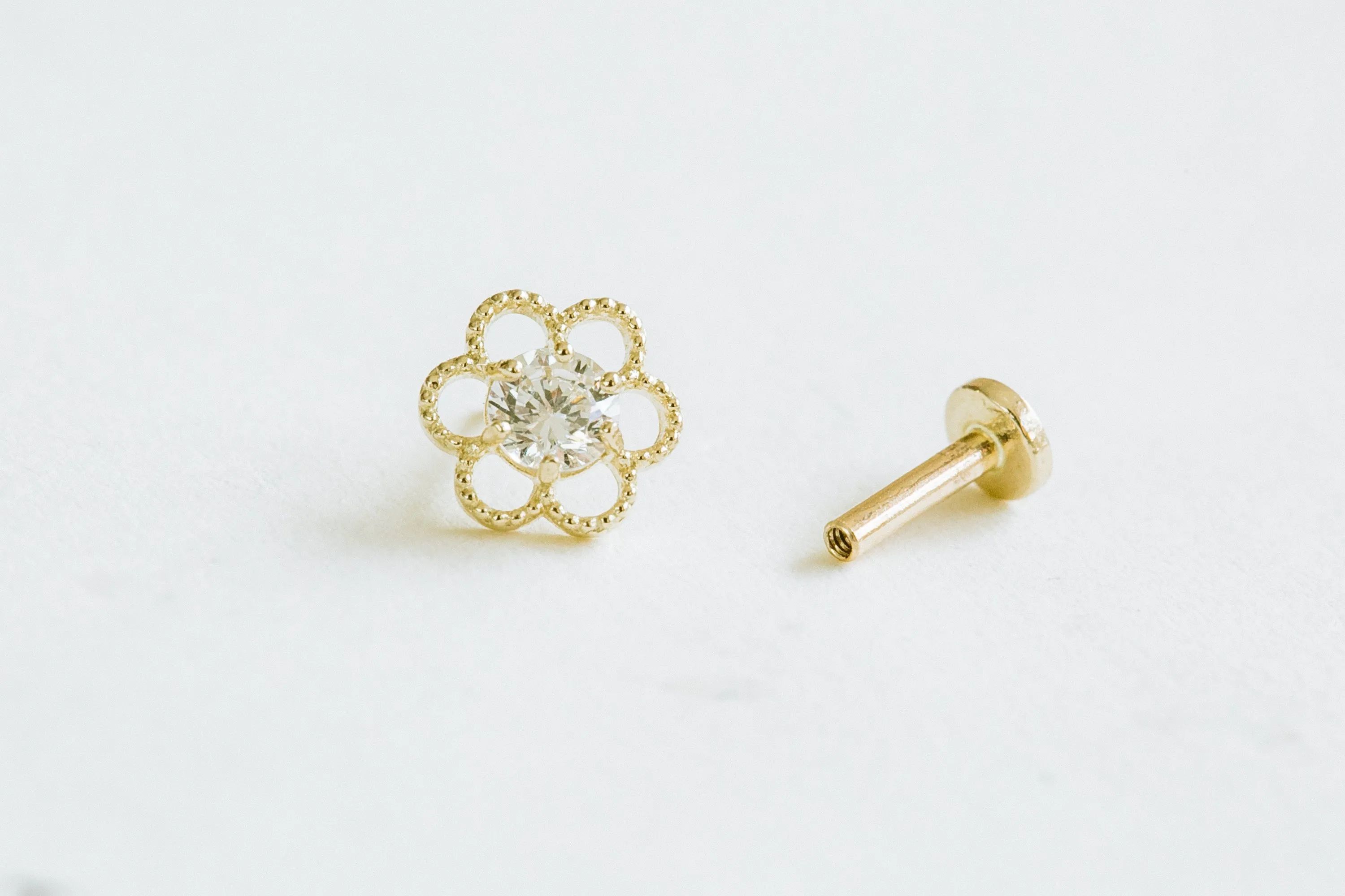 14K Real Gold Minimalist Open Flower Central Cz Forward Helix Cartilage Tragus Inner Conch Ear Stud Post Internally Threaded Earring Labret Jewelry