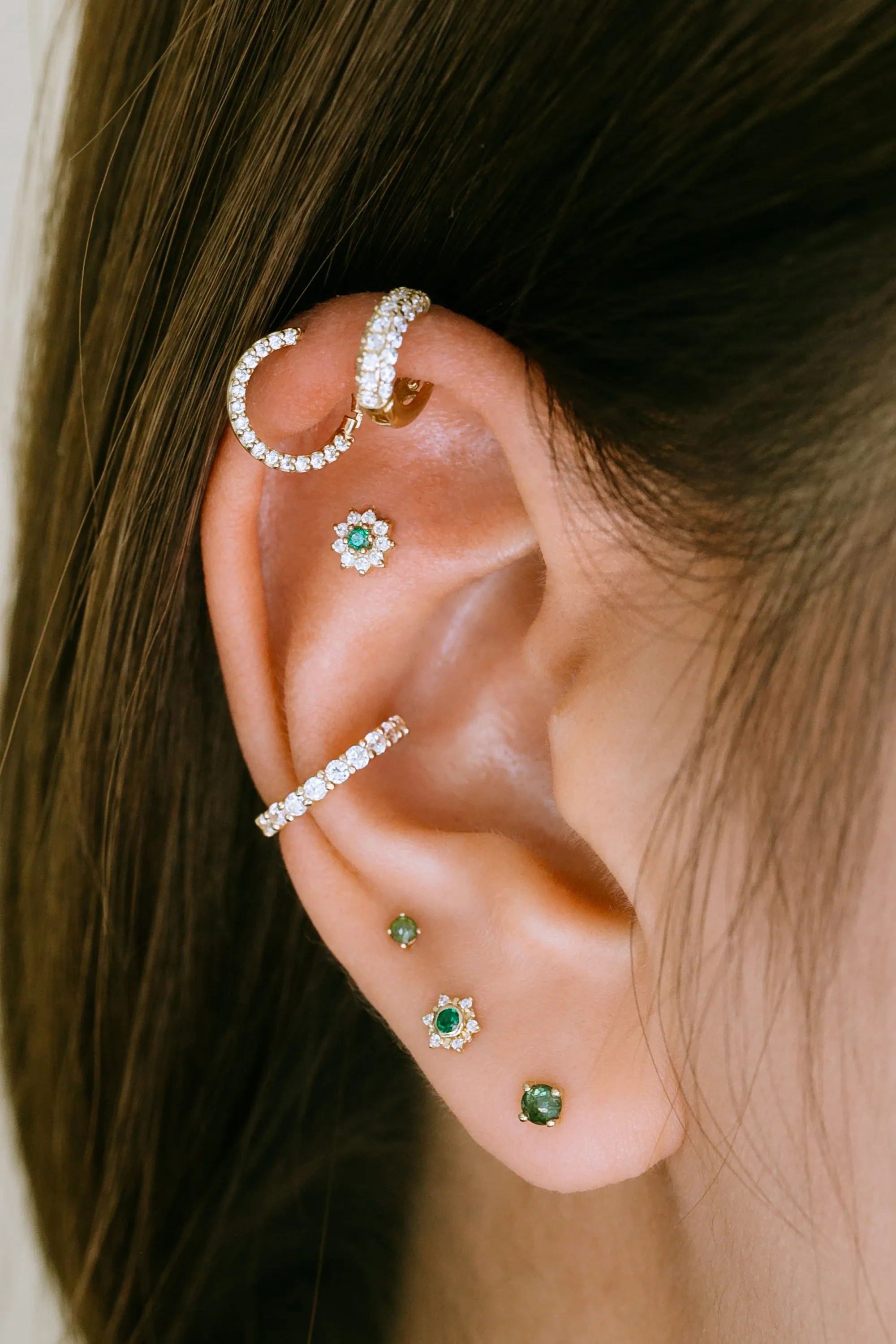 14K Solid Gold Cartilage Minimalist Green Cz or Genuine Diamond and Emerald Flower Internally Threaded Earring Labret