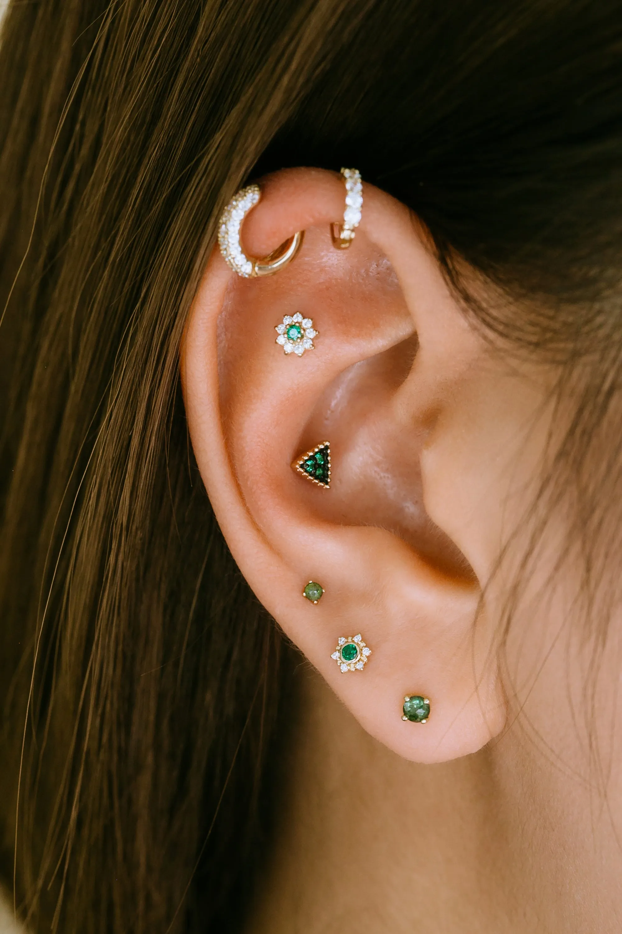 14K Solid Gold Cartilage Minimalist Green Cz or Genuine Diamond and Emerald Flower Internally Threaded Earring Labret