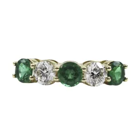 18K YELLOW GOLD 5-STONE ALTERNATING EMERALD AND DIAMOND RING