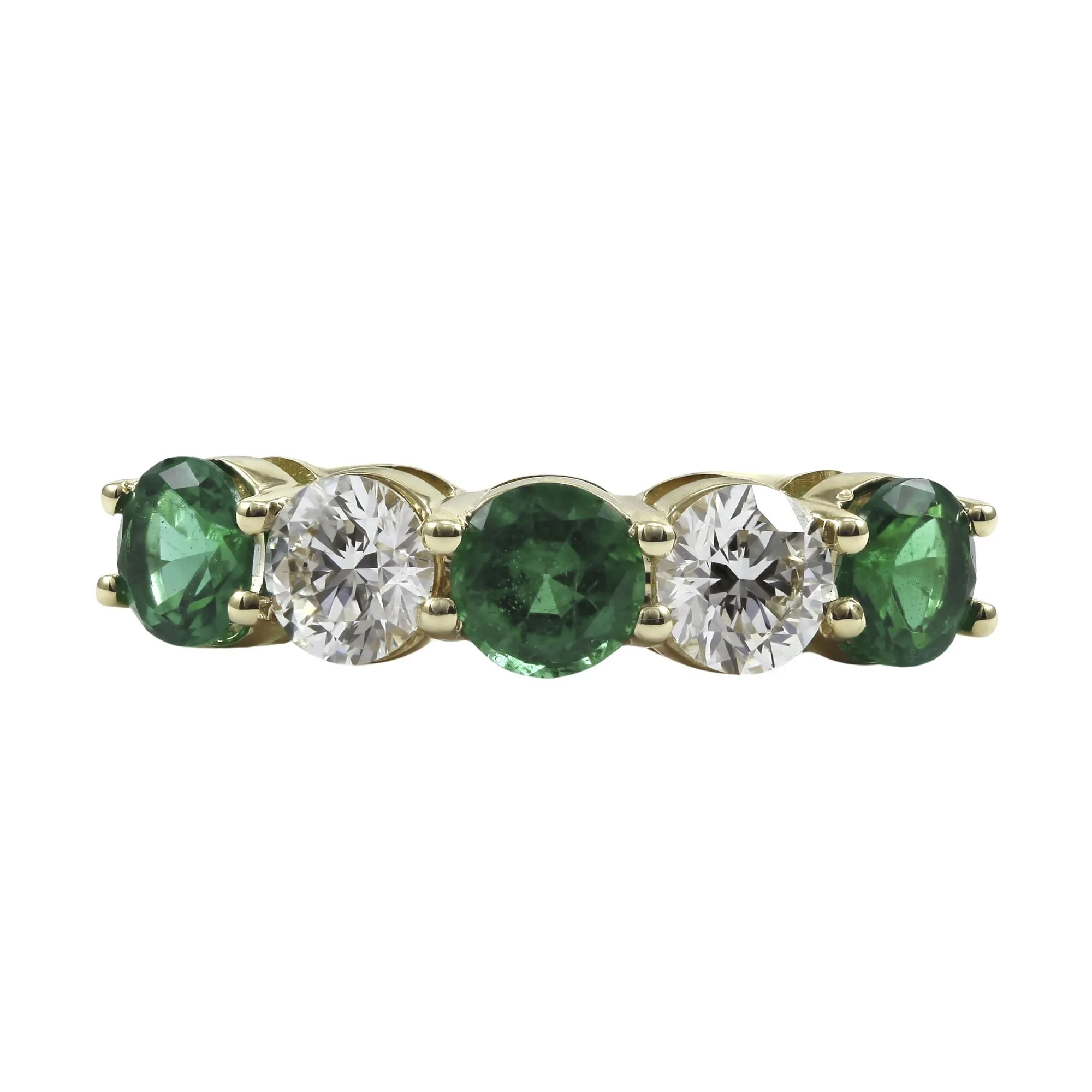 18K YELLOW GOLD 5-STONE ALTERNATING EMERALD AND DIAMOND RING