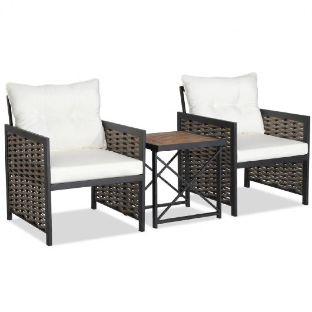 3 Piece Patio Rattan Furniture Set with Acacia Wood Tabletop