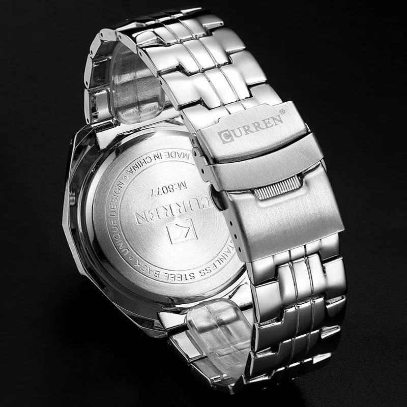 8077 Men's Simple Watch - Full Stainless Steel Band - Quartz Sport Wristwatch