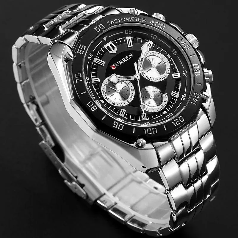 8077 Men's Simple Watch - Full Stainless Steel Band - Quartz Sport Wristwatch