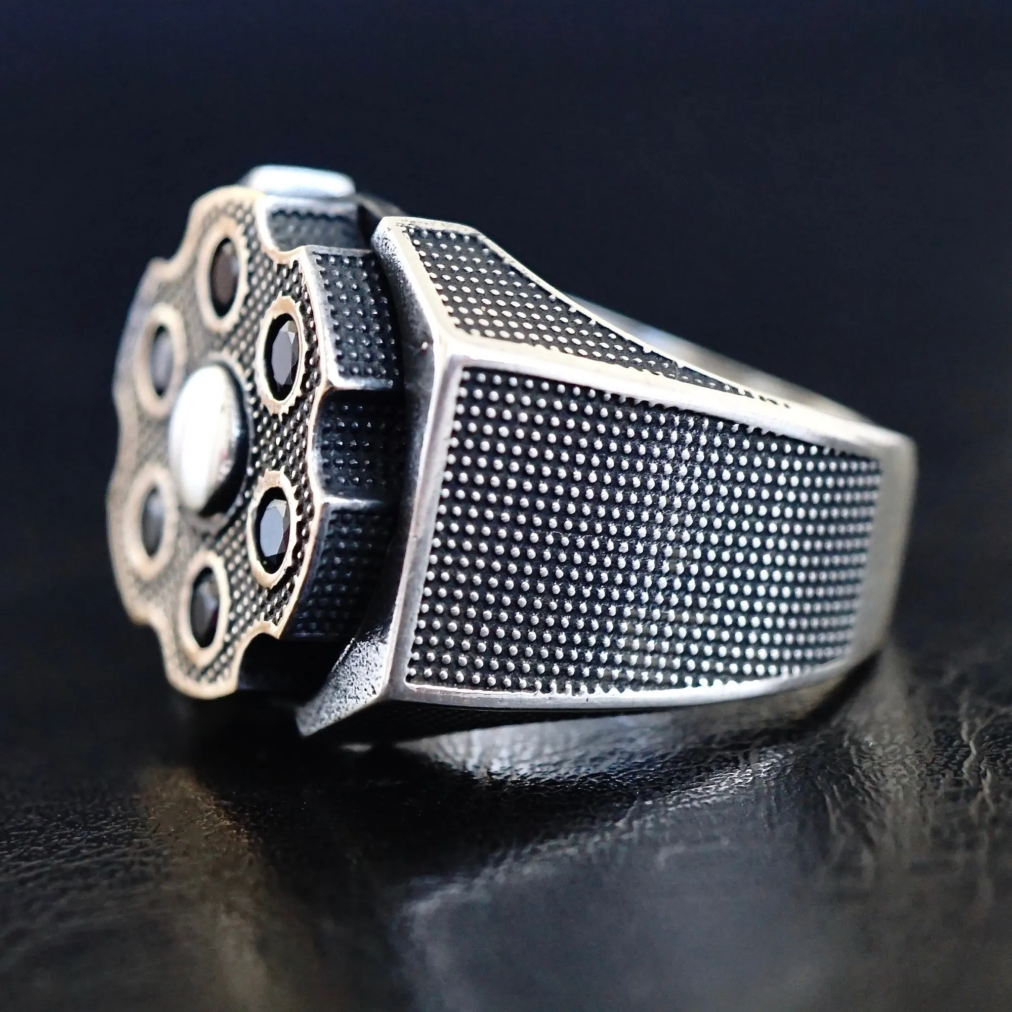 925 Sterling Silver Men's Ring Spinning Revolver Black Diamond Bullet Unique Turkish Jewelry