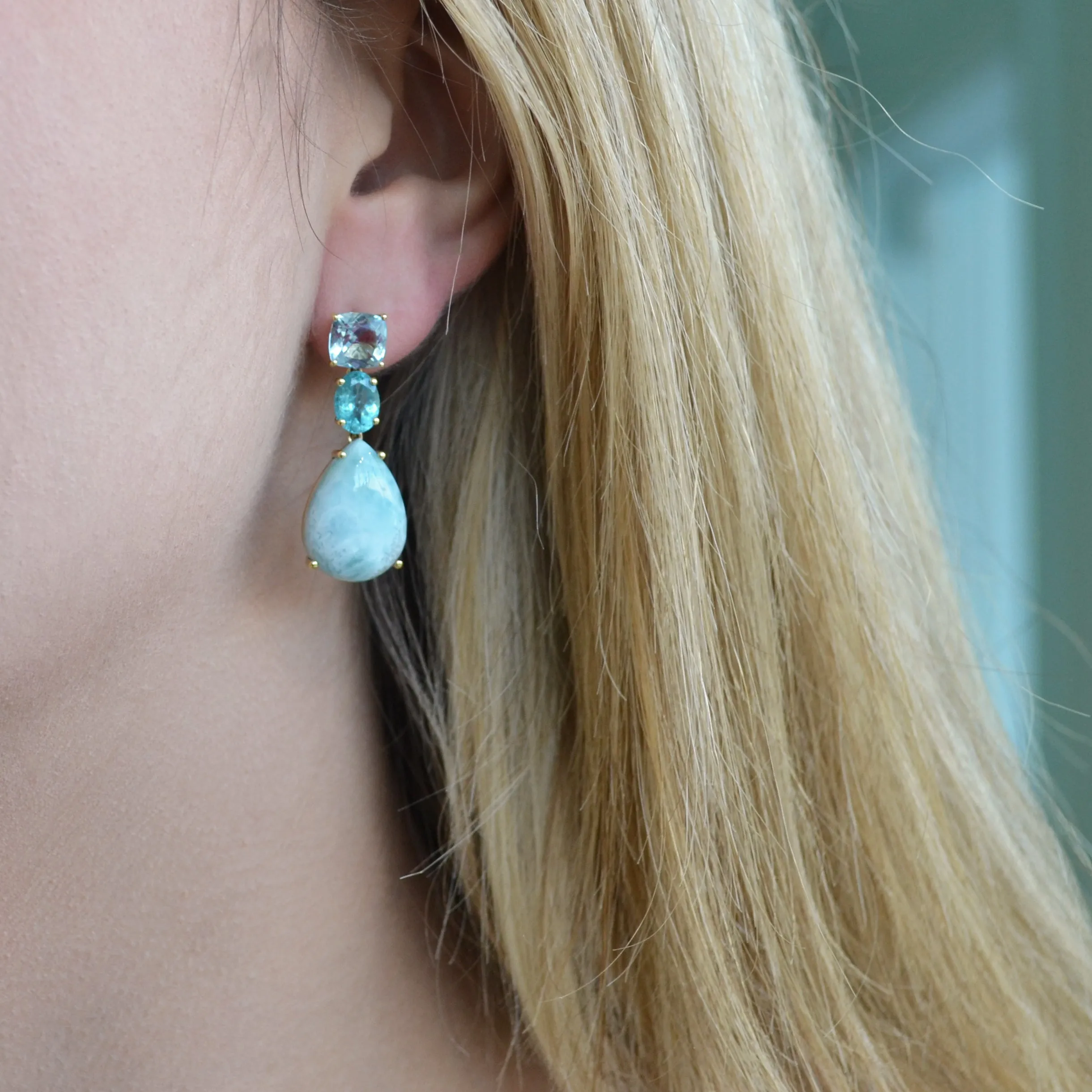 A & Furst - Party - Drop Earrings with Sky Blue Topaz, Apatite and Larimar, 18k Yellow Gold