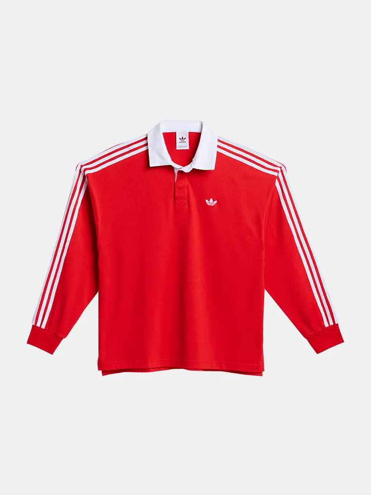 Adidas Solid Rugby L/S Polo - Red/ White