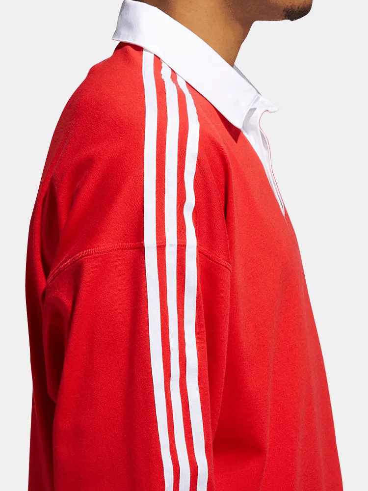 Adidas Solid Rugby L/S Polo - Red/ White