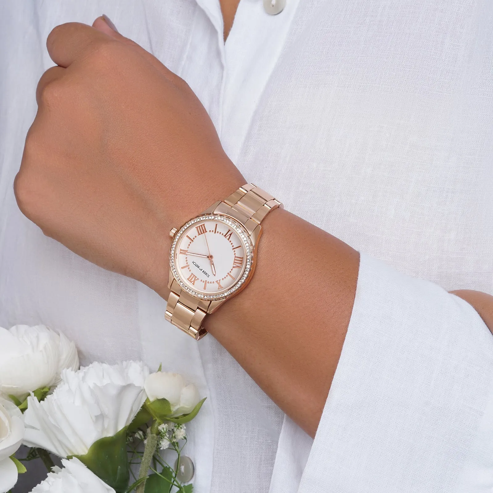 Adrenalina White Dial Rosegold Metallic Strap Watch