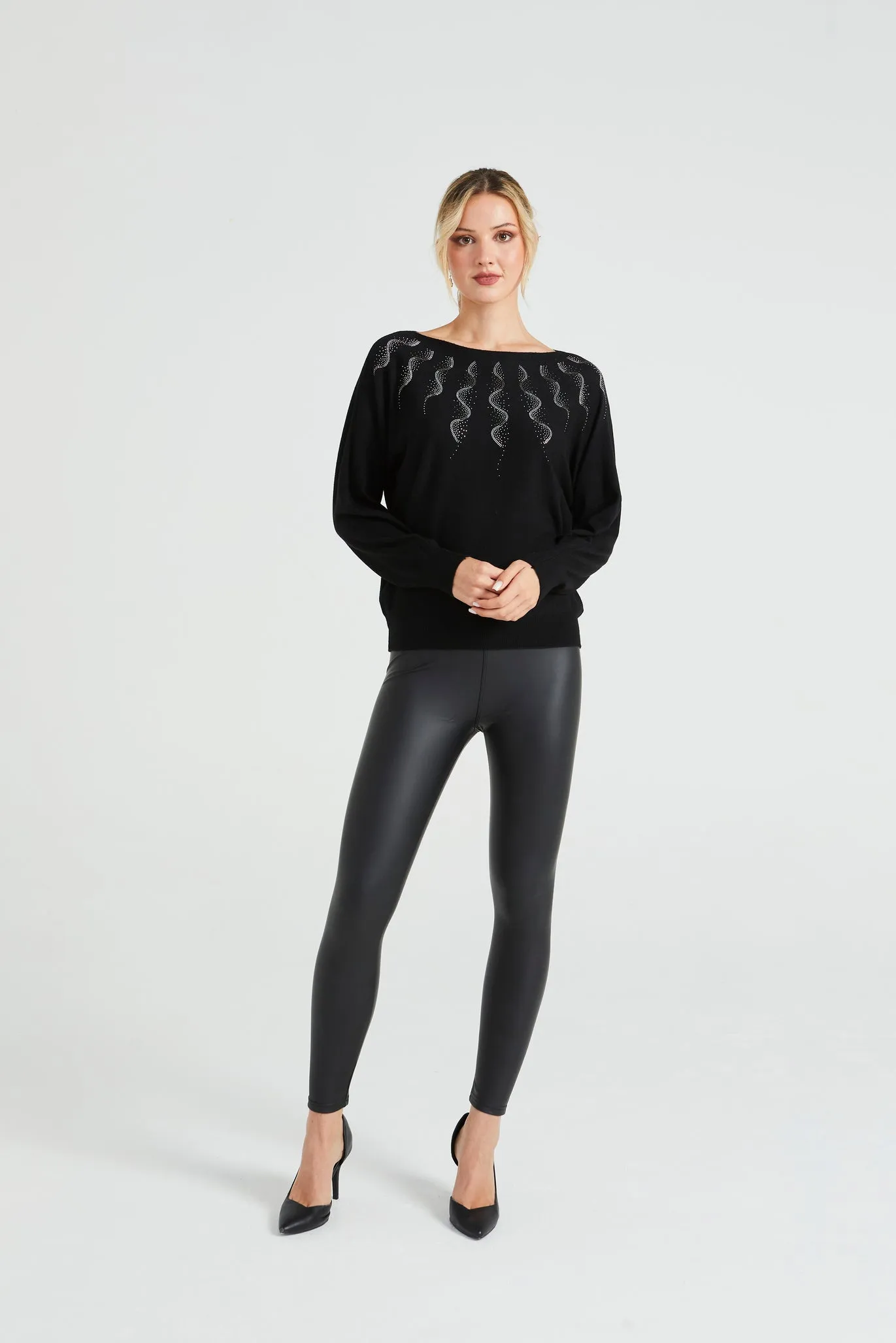 Angeleye Diamonte Neck Detail Batwing Jumper In Black