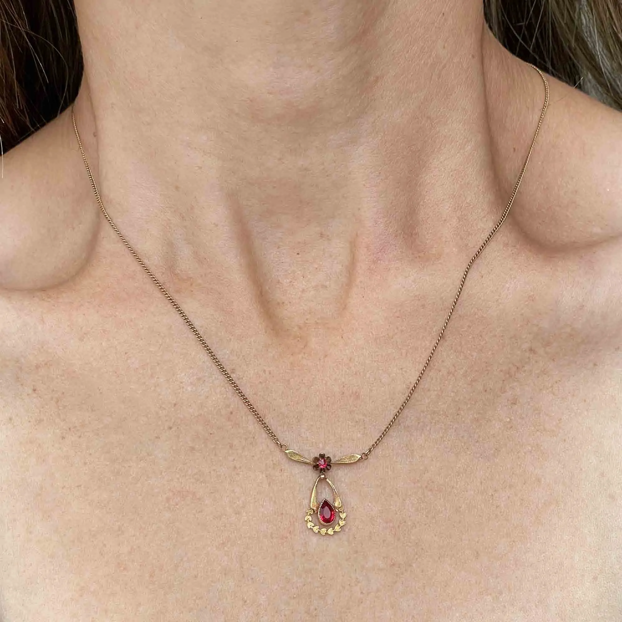 Antique 10K Gold Ruby Lavaliere Pendant Necklace