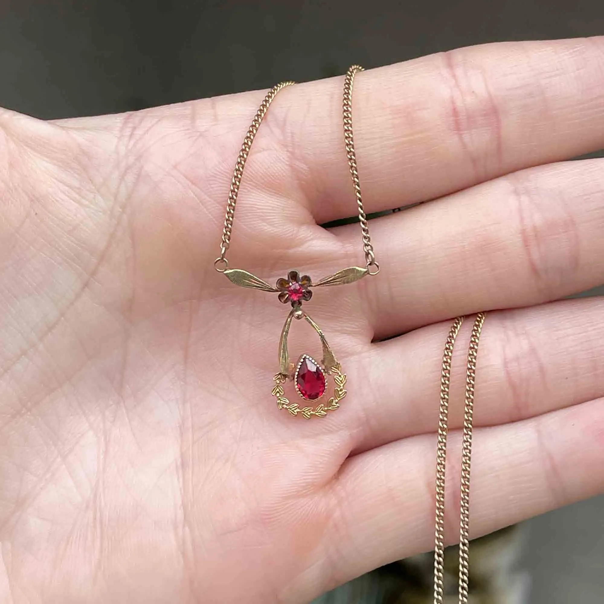 Antique 10K Gold Ruby Lavaliere Pendant Necklace