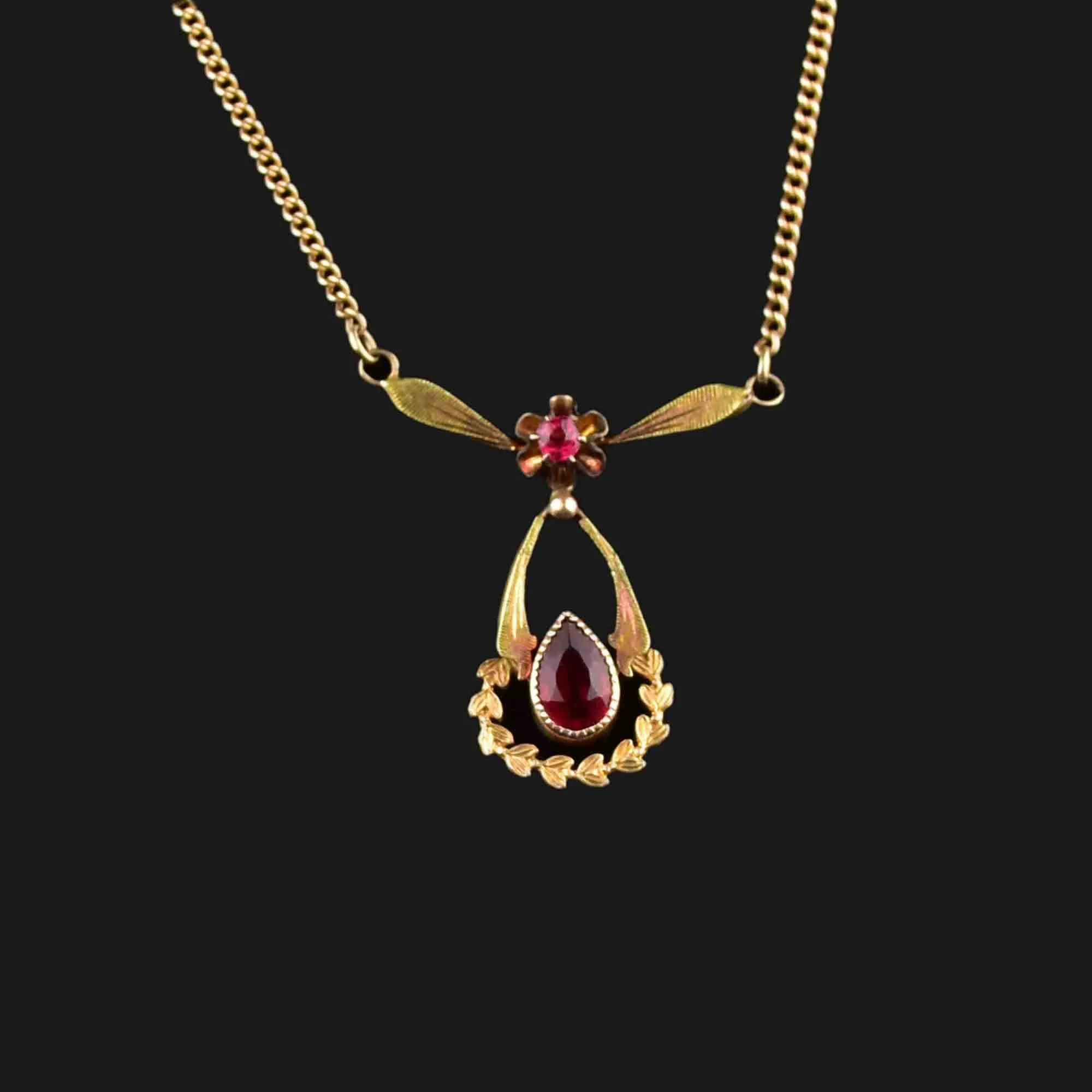 Antique 10K Gold Ruby Lavaliere Pendant Necklace