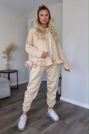 Arden Beige Frill Hem Hoodie and Joggers Tracksuit Set