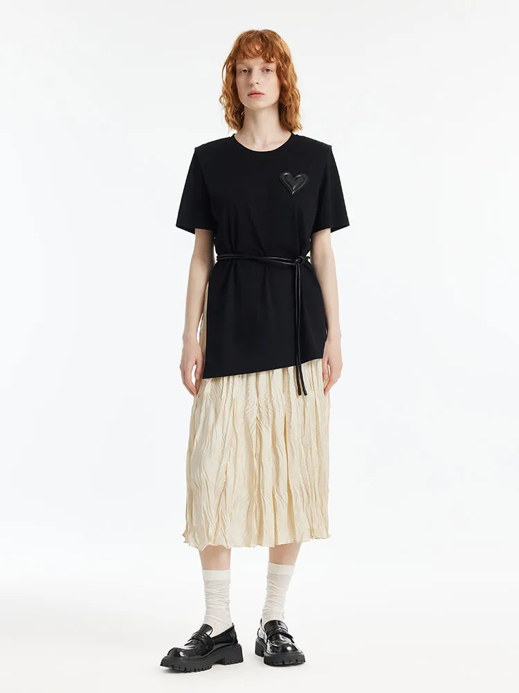 Asymmetrical Hem T-Shirt And Ruched Skirt Two-Piece Set With Belt