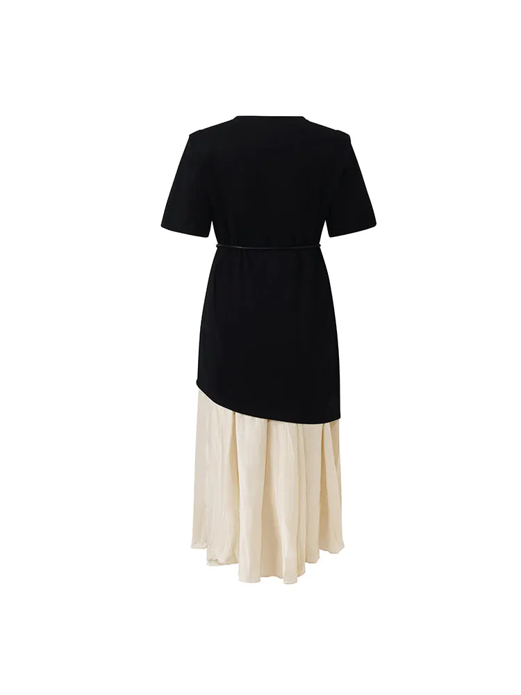 Asymmetrical Hem T-Shirt And Ruched Skirt Two-Piece Set With Belt