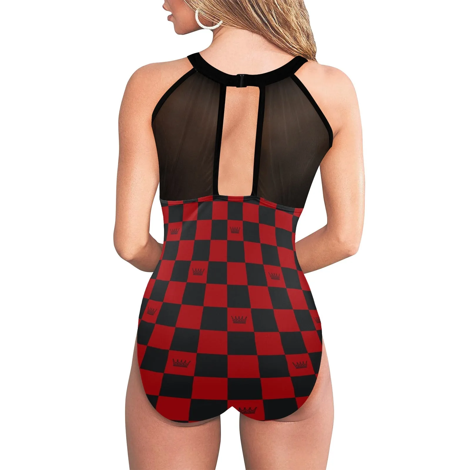 chess queen dress print 2 Women's High Neck Plunge Mesh Ruched Swimsuit (S43)