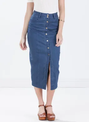 Dark Denim Front Open Midi Skirt