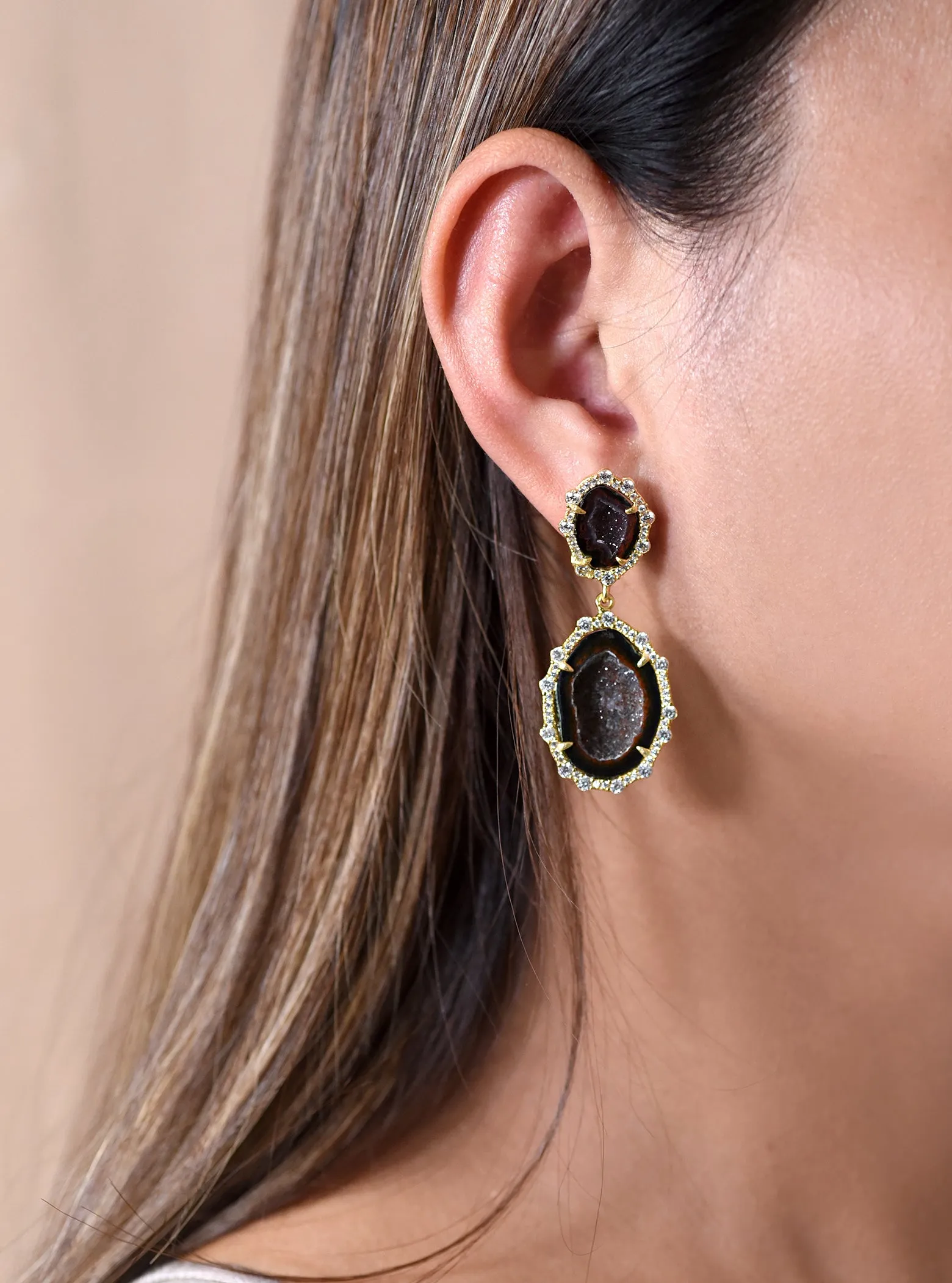 Double Freeform CZ Rim Geode Earring