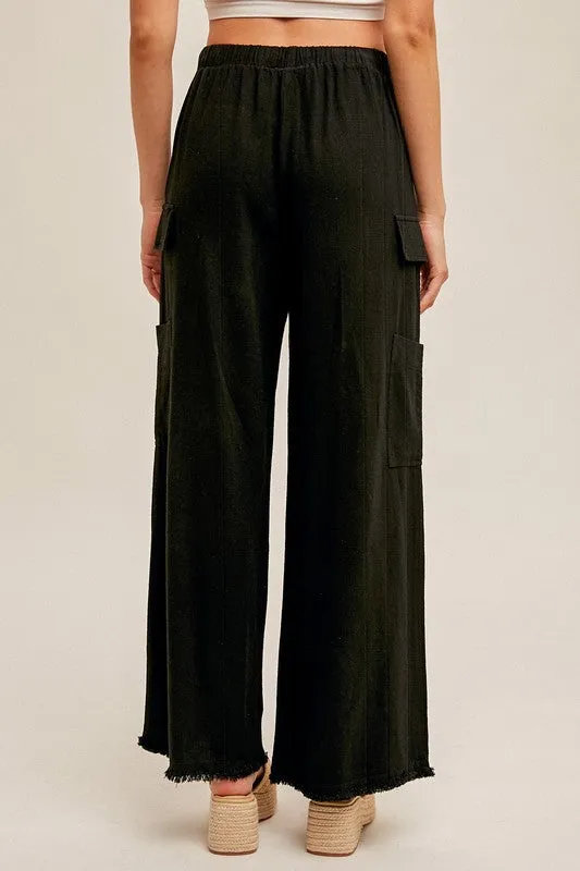 FINAL SALE - Black Cargo Fringe Hem Pants