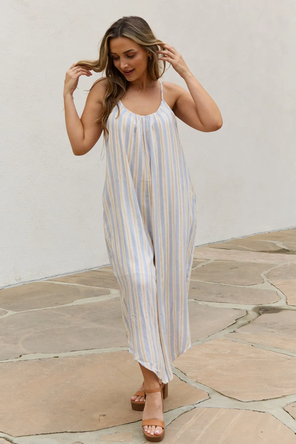 HEYSON Full Size Multi Colored Striped Jumpsuit with Pockets