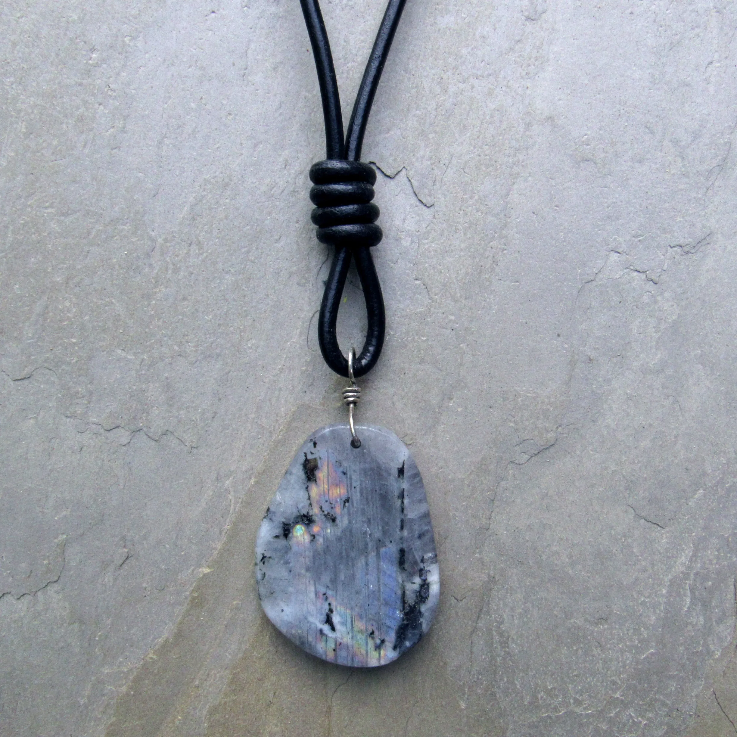 Labradorite gemstone hand Wrapped with Sterling Silver Hand Knotted on Black Leather Necklace