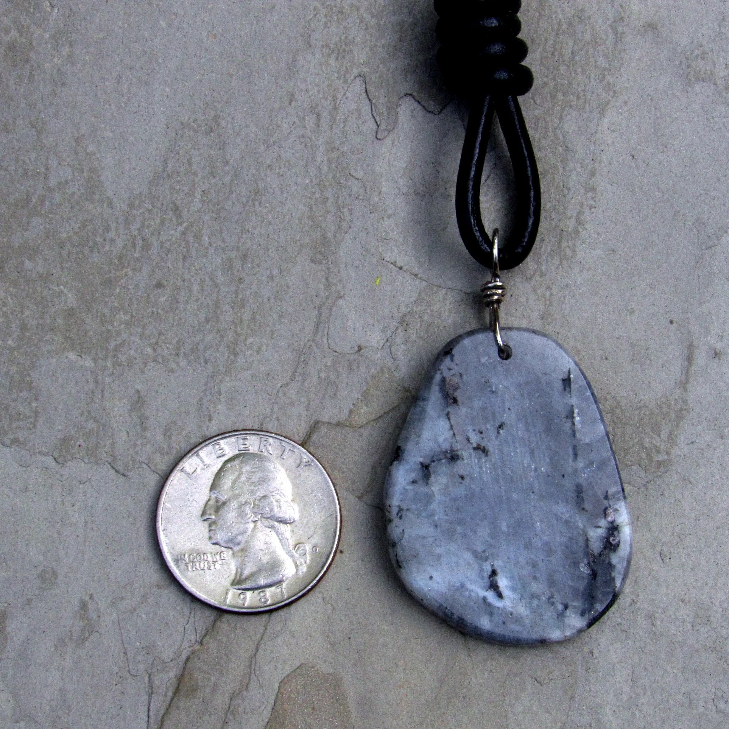 Labradorite gemstone hand Wrapped with Sterling Silver Hand Knotted on Black Leather Necklace