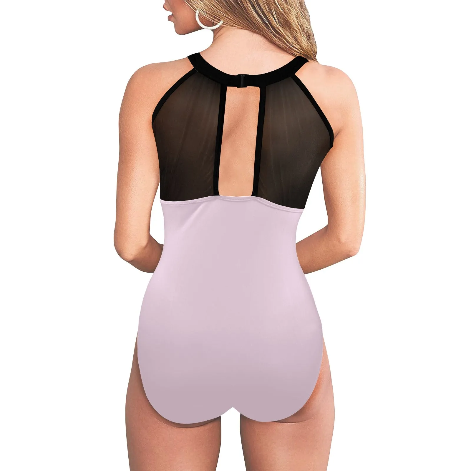 light pink 9k Women's High Neck Plunge Mesh Ruched Swimsuit (S43)