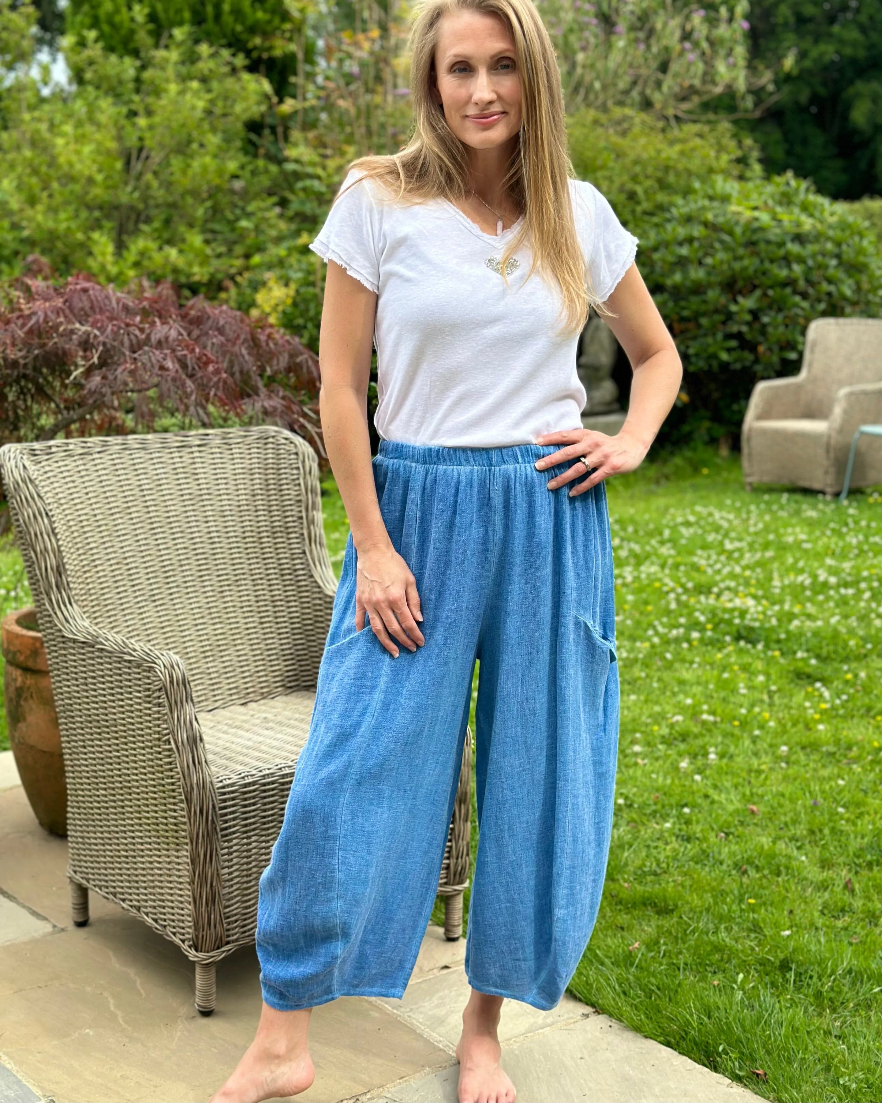 Linen Mix Balloon Style Trousers - Cornflower Blue