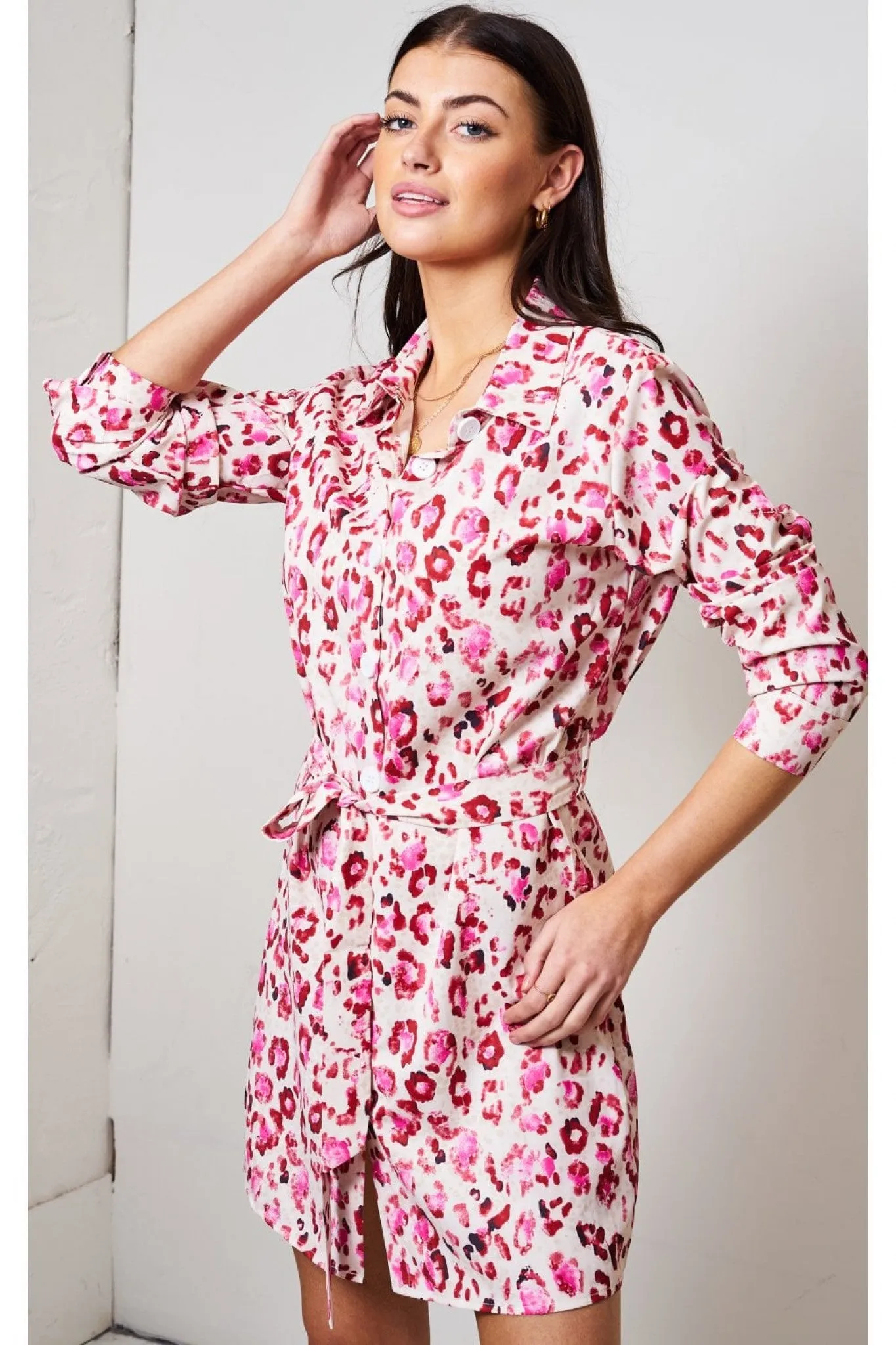 Love Frontrow Pink Leopard Print Shirt Dress