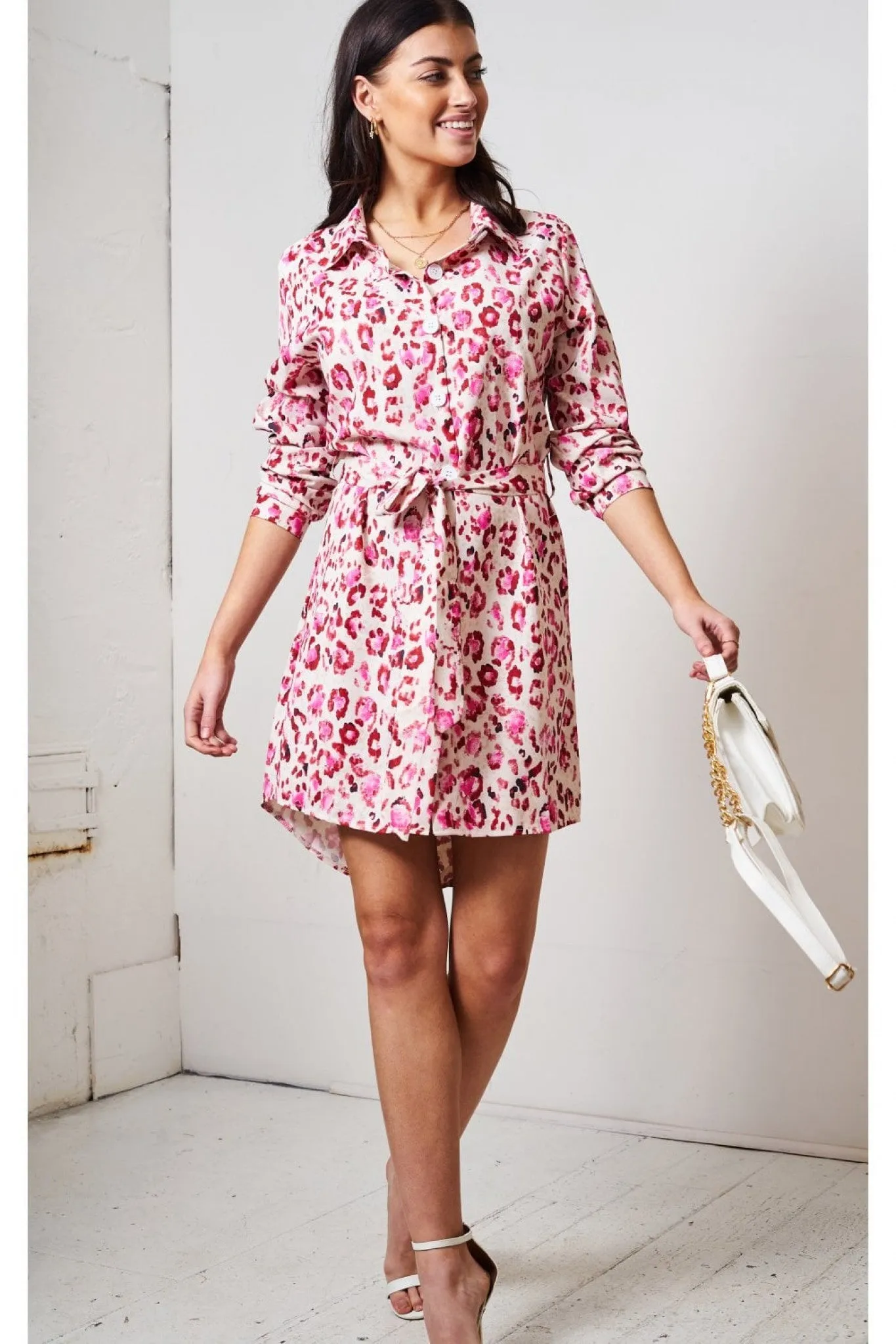 Love Frontrow Pink Leopard Print Shirt Dress