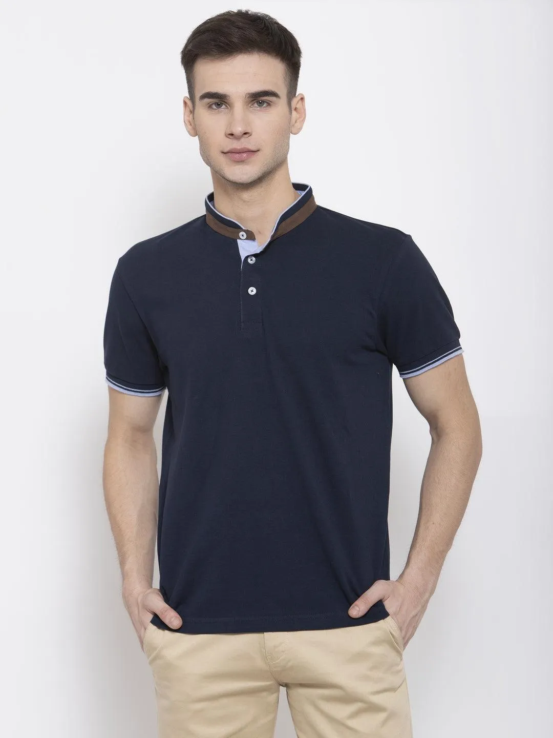 Men Navy Blue Solid Mandarin Collar T-shirt