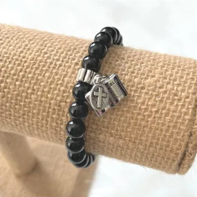 Mens Black Onyx Bracelet with Silver Bible and Cross