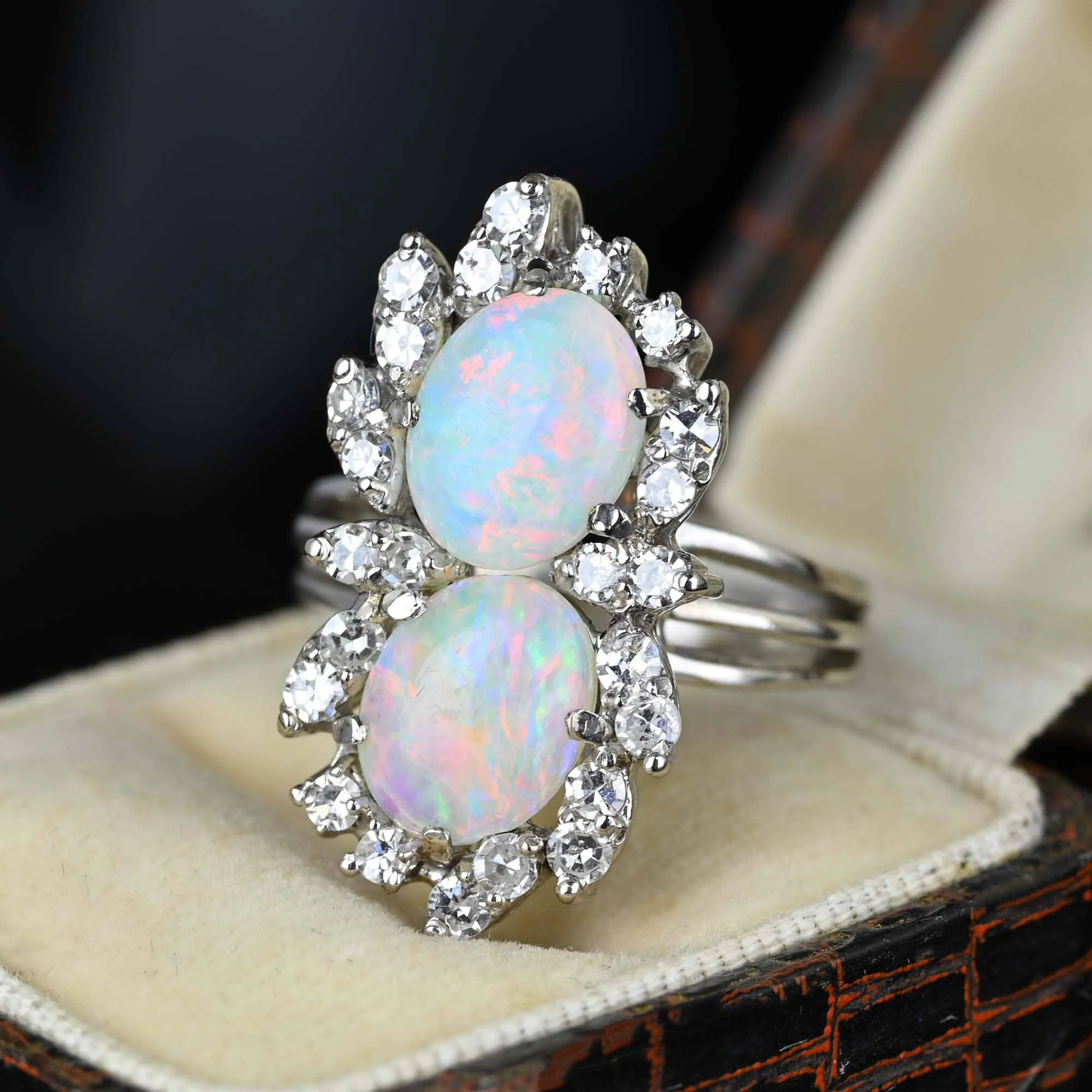 Mid Century 14K White Gold 1 CTW Diamond Opal Ring