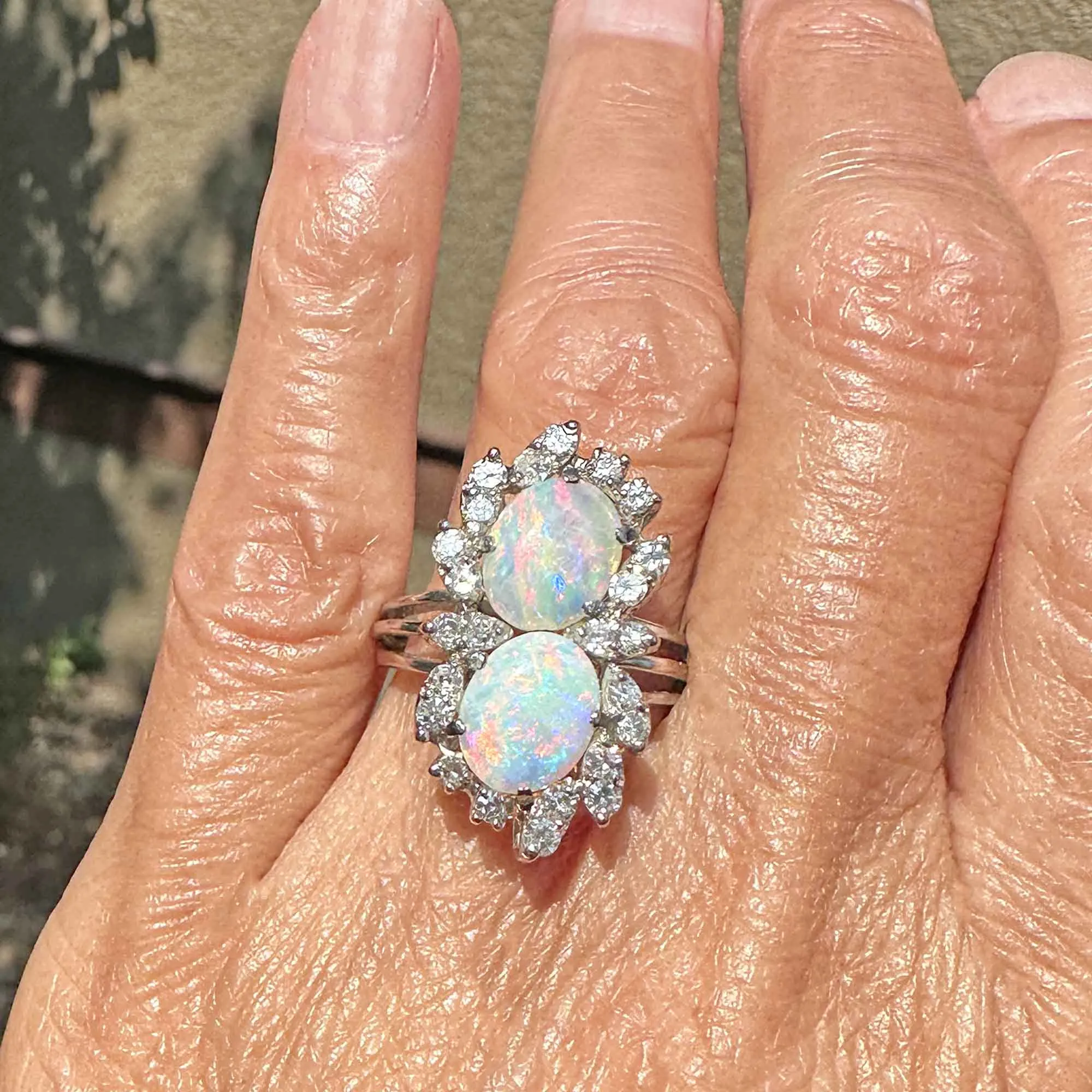 Mid Century 14K White Gold 1 CTW Diamond Opal Ring