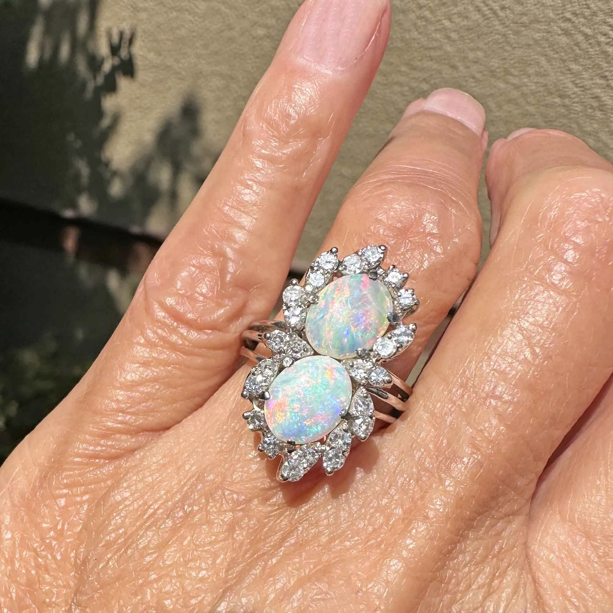 Mid Century 14K White Gold 1 CTW Diamond Opal Ring