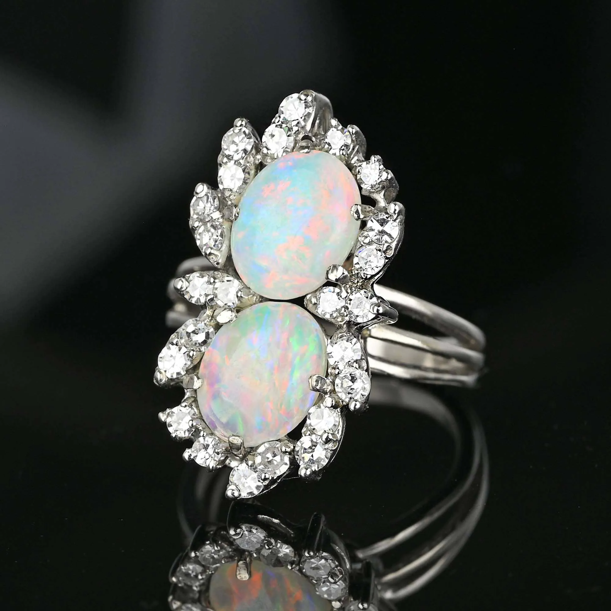 Mid Century 14K White Gold 1 CTW Diamond Opal Ring