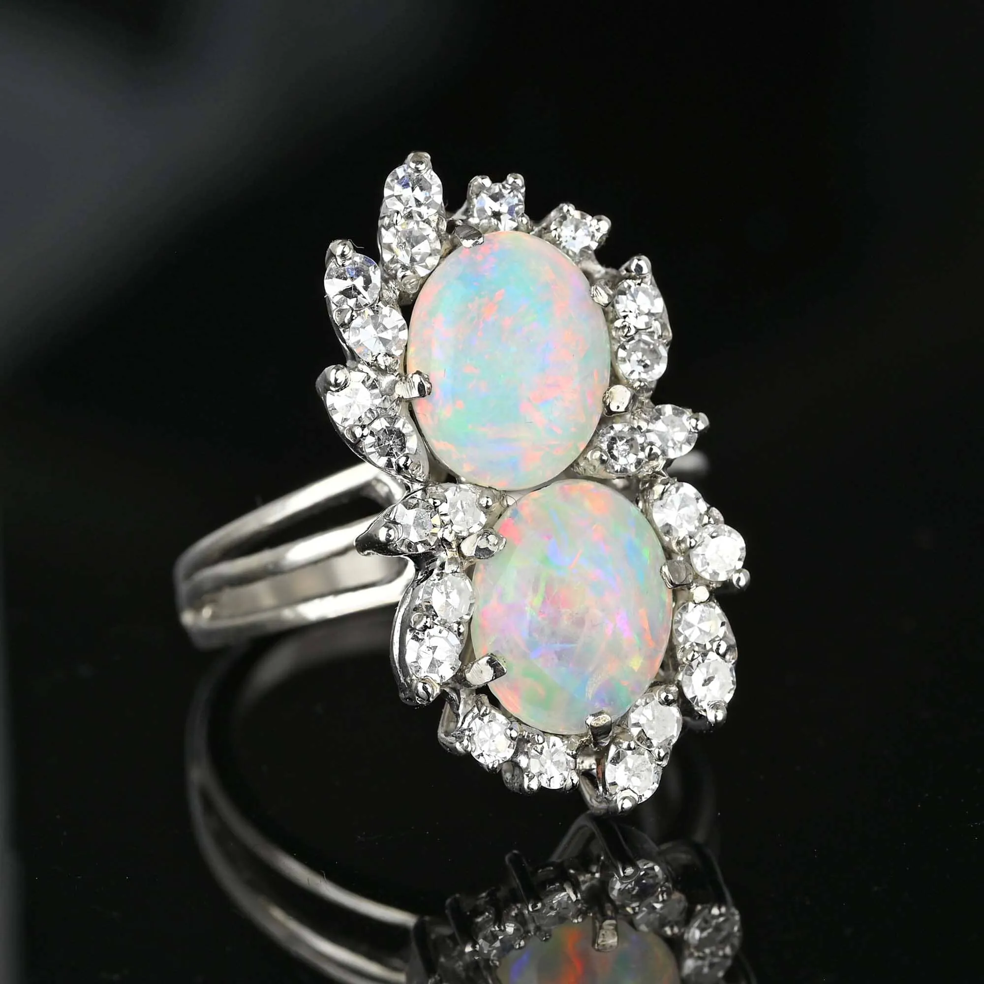 Mid Century 14K White Gold 1 CTW Diamond Opal Ring