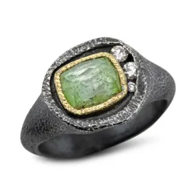 Mountain Plateau Ring with Green Tourmaline and Diamonds